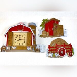 Vintage 1976 MCM Burwood Barn Clock & Farm Wall Hanging Set